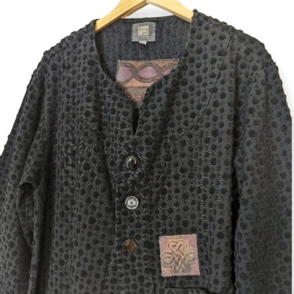 Vtg Blue Fish Black Cotton Chenille Dot Lagenlook Duster Art Patch Longline Coat - Picture 3 of 16